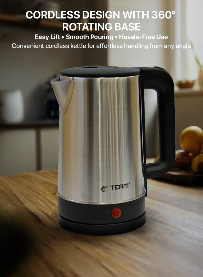 تيم Team Stainless Steel Cordless Electric Kettle 1.5L, 1500W Fast Boil, Auto Shut‑Off, BPA‑Free, 360° Rotational Base, Concealed Heating Element - Image 4